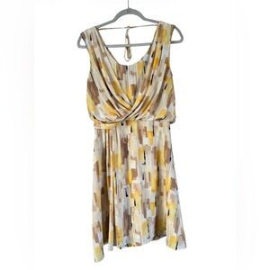 Printed Yellow and Tan Sleeveless Draped Midi Dress